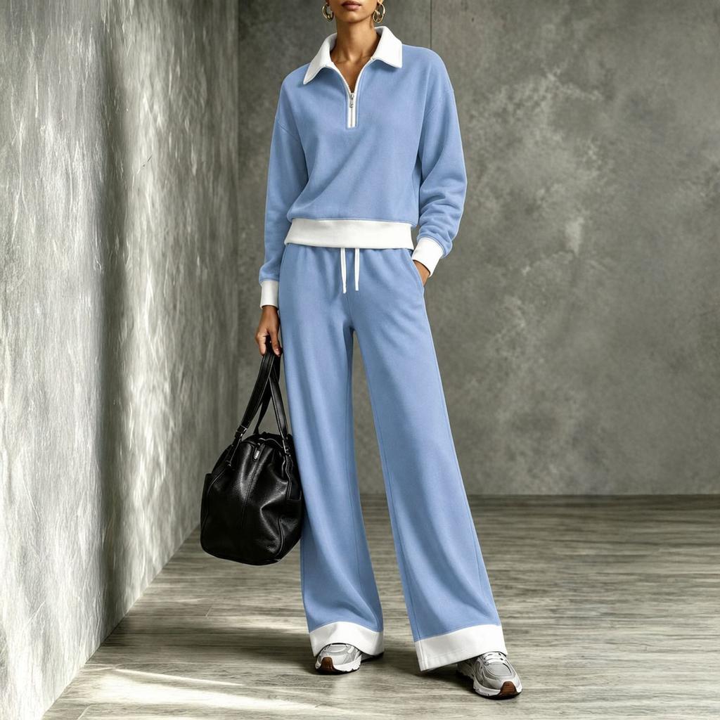 Miękki Sweter Bluza Damski Zestaw Spodni Jesienny, Top z Klapami i Zamkiem na Pół, Luźne Spodnie Szerokie Nogawki ze Sznurkiem, Dopasowanie Kolorów