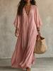 Dámské Boho Maxi Šaty s Krajkovým Detalem a Výstřihem do V, Zvonové Rukávy, Jednobarevné, Ležérní, Volný Střih, Letní Šaty