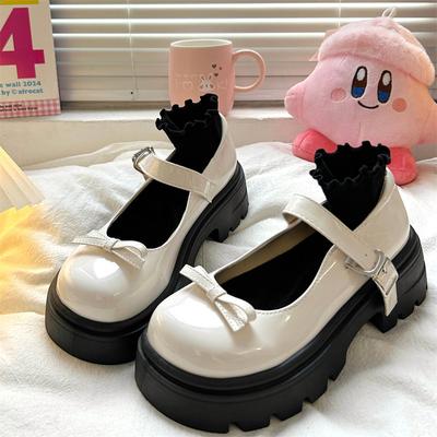 Fashion New Beige Bow Thick Sole Lolita Shoes Women Fashion Buckle Mary Jane Shoes Women Sweet Ctue Academy Style Small Leather Shoes