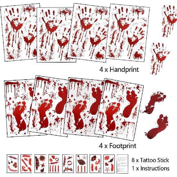 159 PCS Halloween Decorations, 8 Sheets Terror Bloody Handprint Footprint Window Stickers, 8 Sheets Tattoo Stickers, Halloween Party Indoor/Outdoor