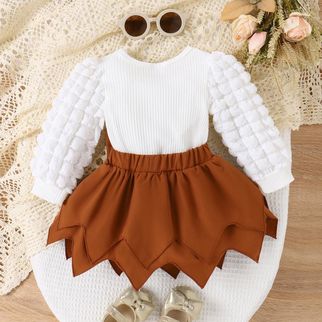 Children's Clothing Autumn Winter Puff Sleeve Ribbed Top Solid Color Bow Irregular Hem Girls' Set