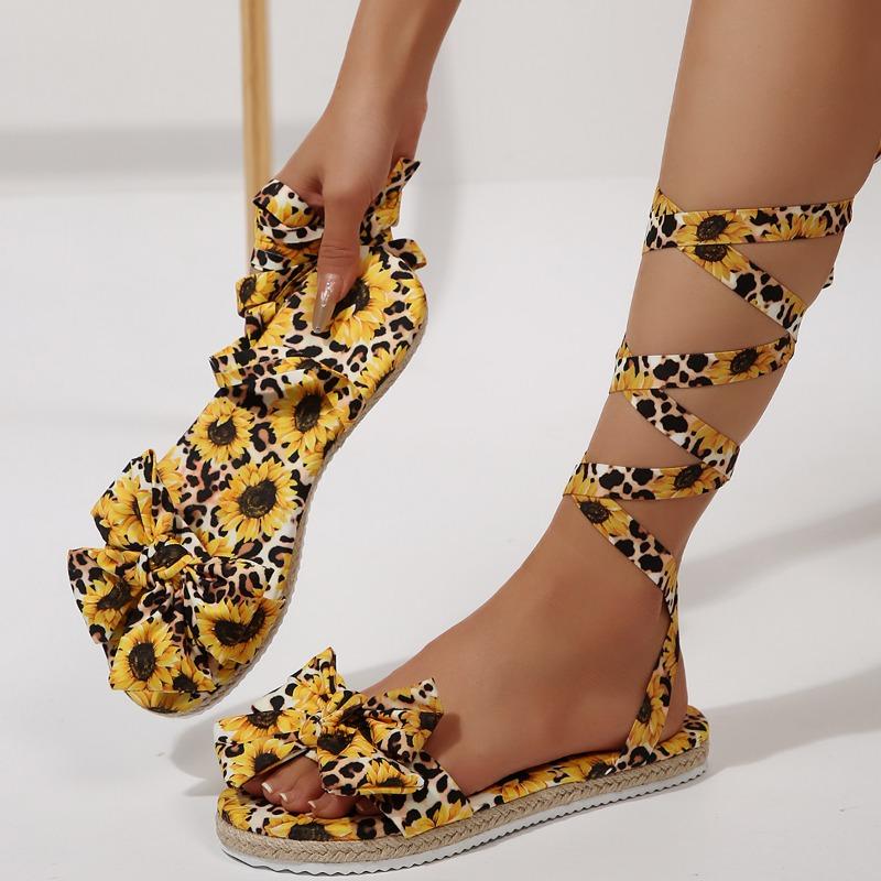 Fashion 2025 Summer New Women's Rome Sandals with Ankle Tie Bow & Leopard Print Flat Shoes Plus Size Ladies Casual Footwear Sandals