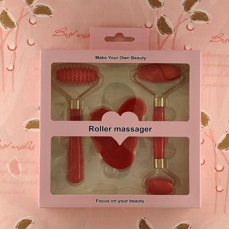3-Piece Set: Imitation Jade & Rose Quartz Gua Sha Boards with Spiky Roller Facial Massager