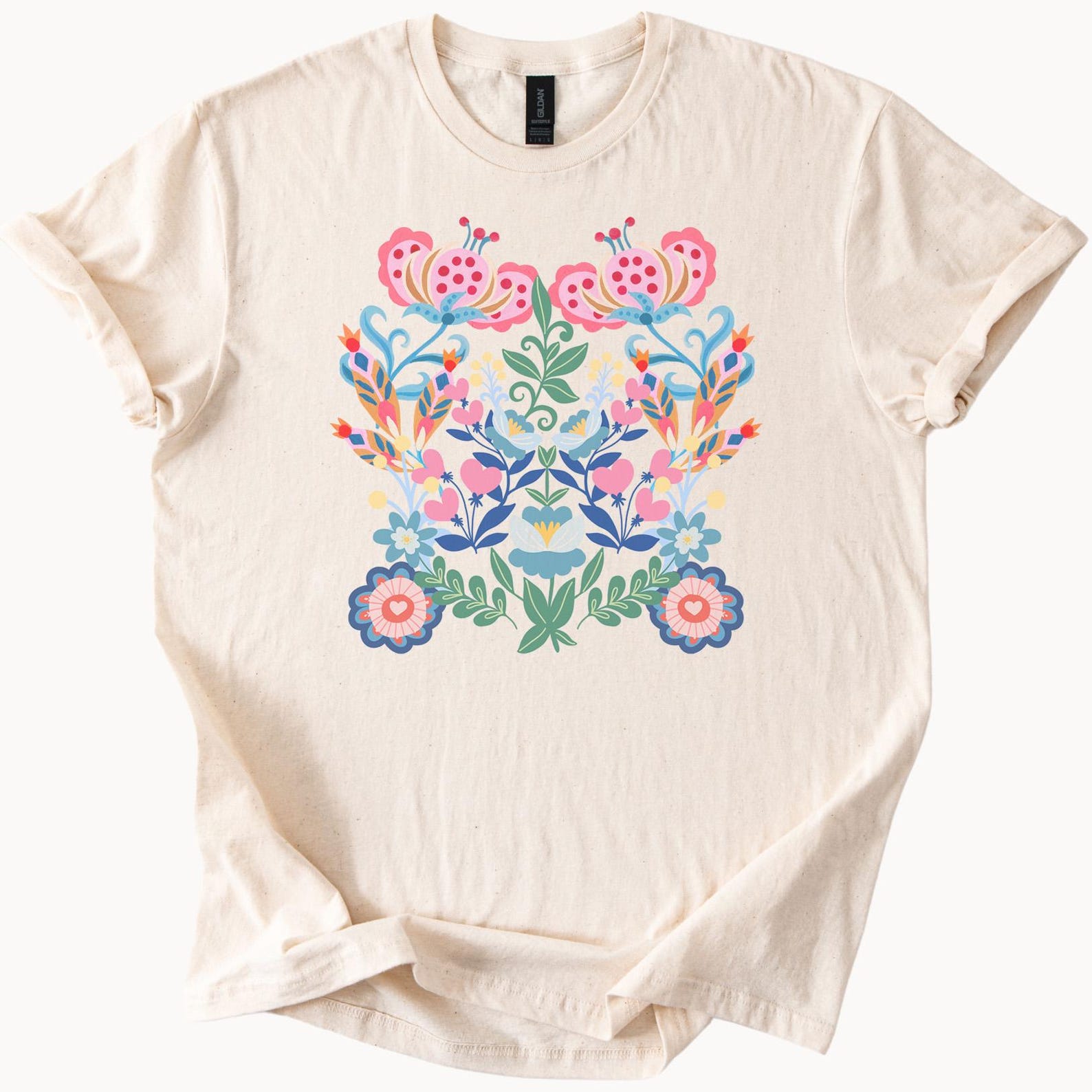 Floral Folk Art T Shirt Colorful Boho Flower Graphic Tee Scandinavian Inspired Botanical Shirt Spring Summer Nature Gift Shirt 120