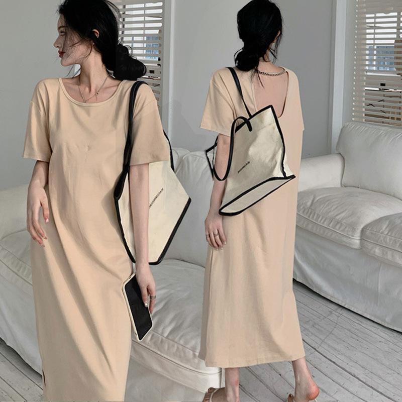 

Women s clothing over the knee gentle wind design sense niche backless half-sleeved shirt long dress summer temperament trendy dress XXXL 145-80 kg