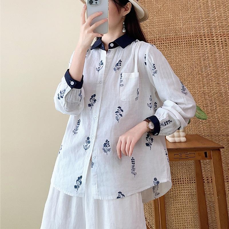 Dubbellaagse katoenen garen pure katoen revershemd, nieuwe Japanse casual stijl los en eenvoudig bloemenprint lange mouwen top voor dames
