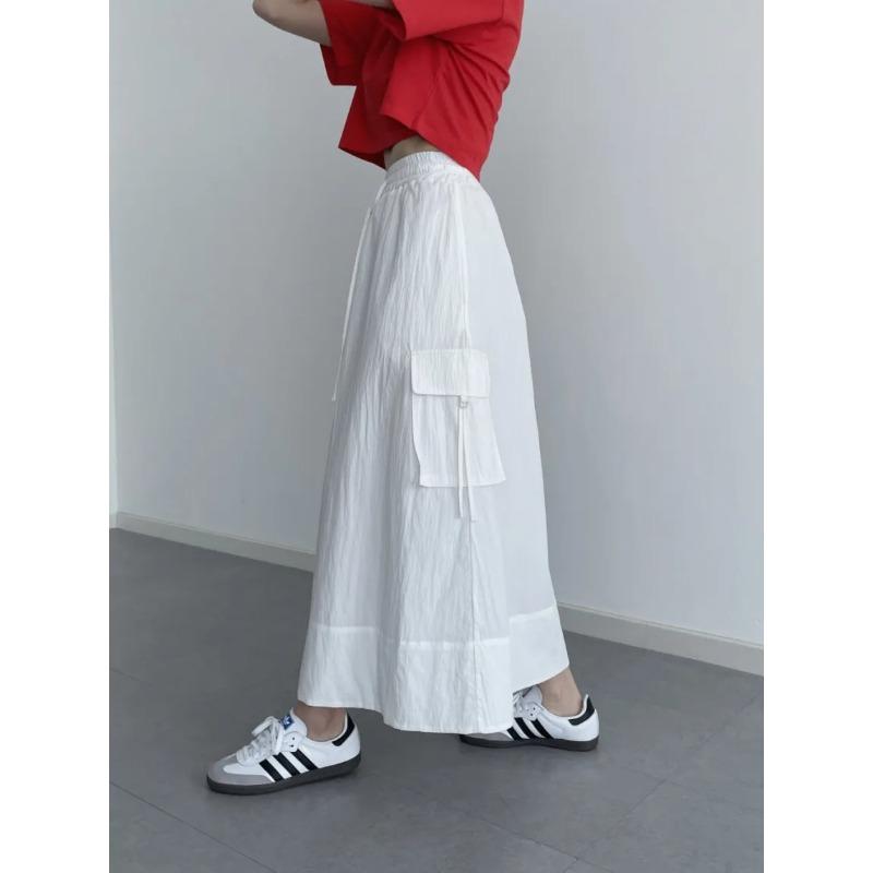 Sør-Korea elegant vårfarget retro allsidig elastisk midje snøring med store lommer design løst avslappet cargoskjørt for kvinner