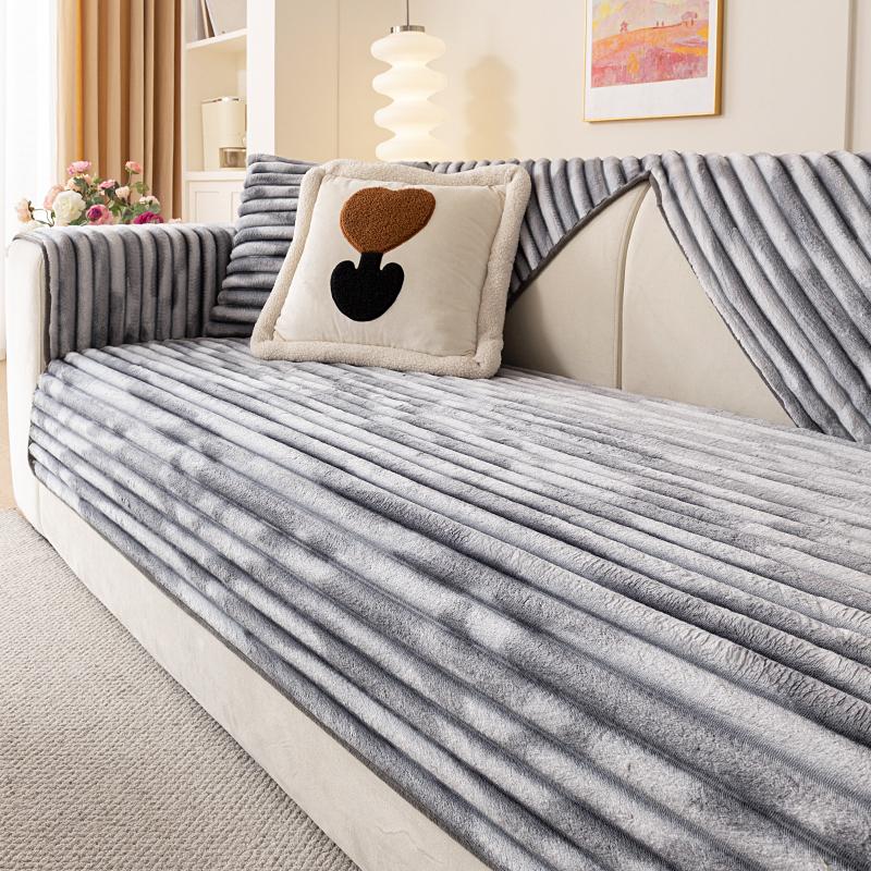 Winter Living Home Non-slip Thick Flannel Striped Sofa Cushion Couch Covers Warm Slipcover Funda Sofa Mat