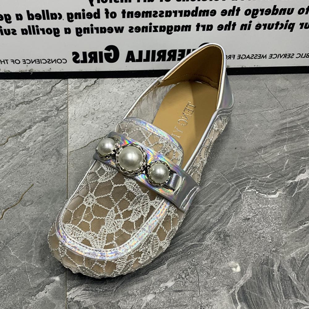 Sommer Damen Slipper Übergröße lässig Flach Damen Pantoletten Mode Perle Designer Damen Schuhe Gaze Atmungsaktive Sandalen