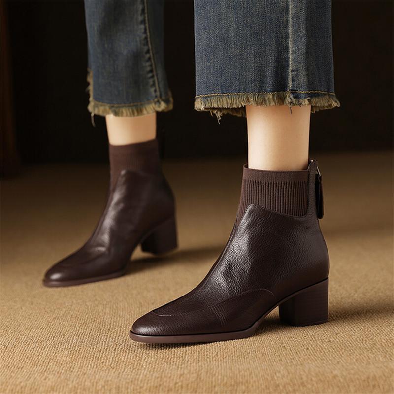 Fashion New Autumn Genuine Leather Women Boots Fashion Round Toe Boots for Women Short Boots Botines Mujer Chunky Heels Black Brown