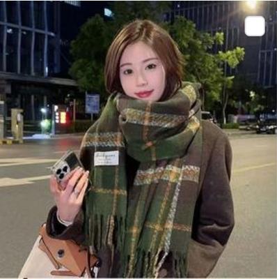 Green Season Retro Plaid Scarf Women'S Thickened Warm Outer Shawl Dual-Purpose Scarf