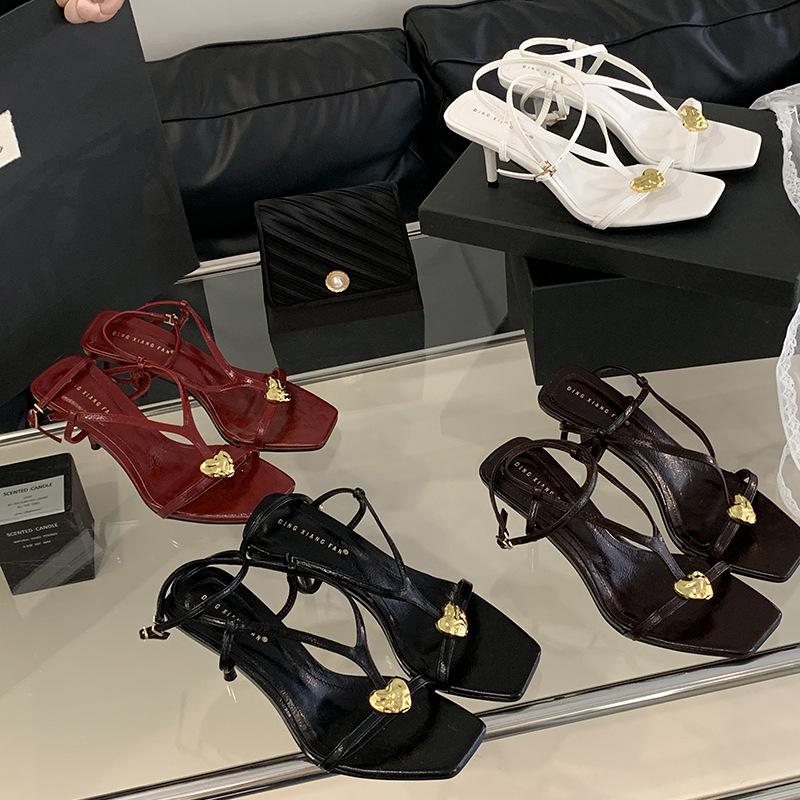 Women S Shoes Summer Fashion Open Toe French Style Elegant Square Toe Thin Heel Sandalsheart Metal Bucklethinbelt High Heels 35