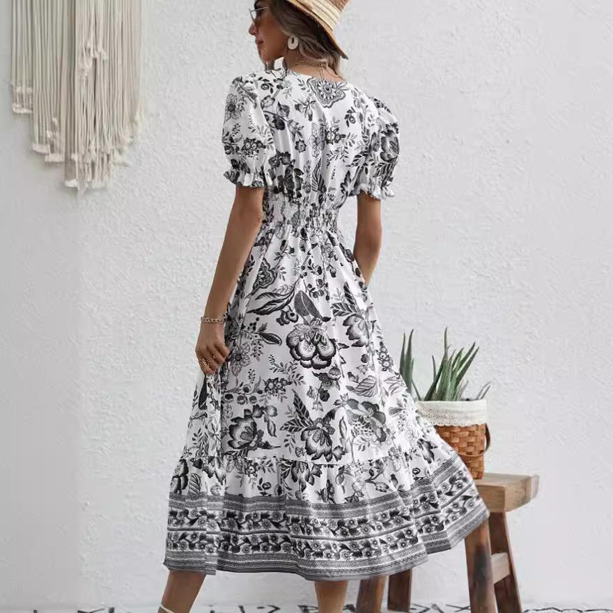 2023 Summer Stand-Up Collar Puff Sleeve Dress with All-Over Print