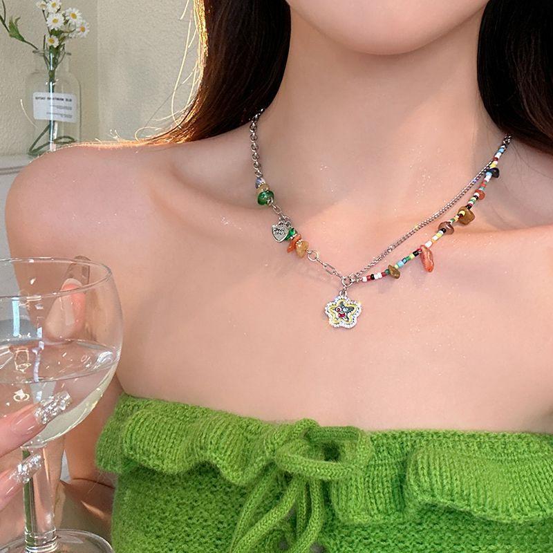 Sweet Cool Girl~ Color Beaded Love Necklace Women's ins Tide Niche Design Light Luxury Premium Versatile Clavicle Chain