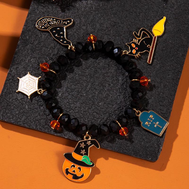Halloween Beaded Stretch Bracelet for Women Ghost Pumpkin Spider Cat Witch Charm Costume Jewelry