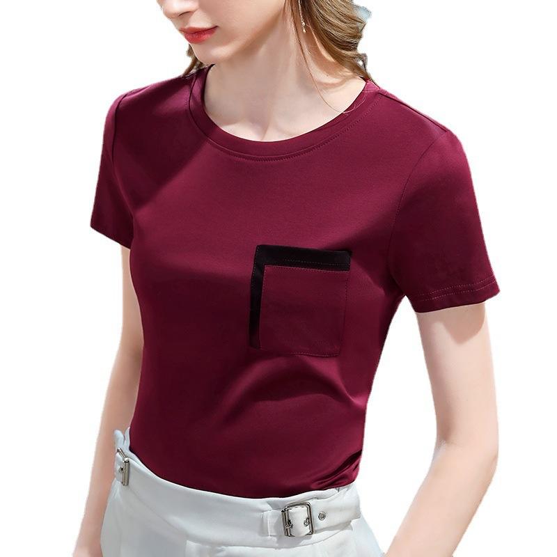 Women's Cotton Stitching Contrast Color T-shirt Spring and Summer New Slim Round Neck Thin Top