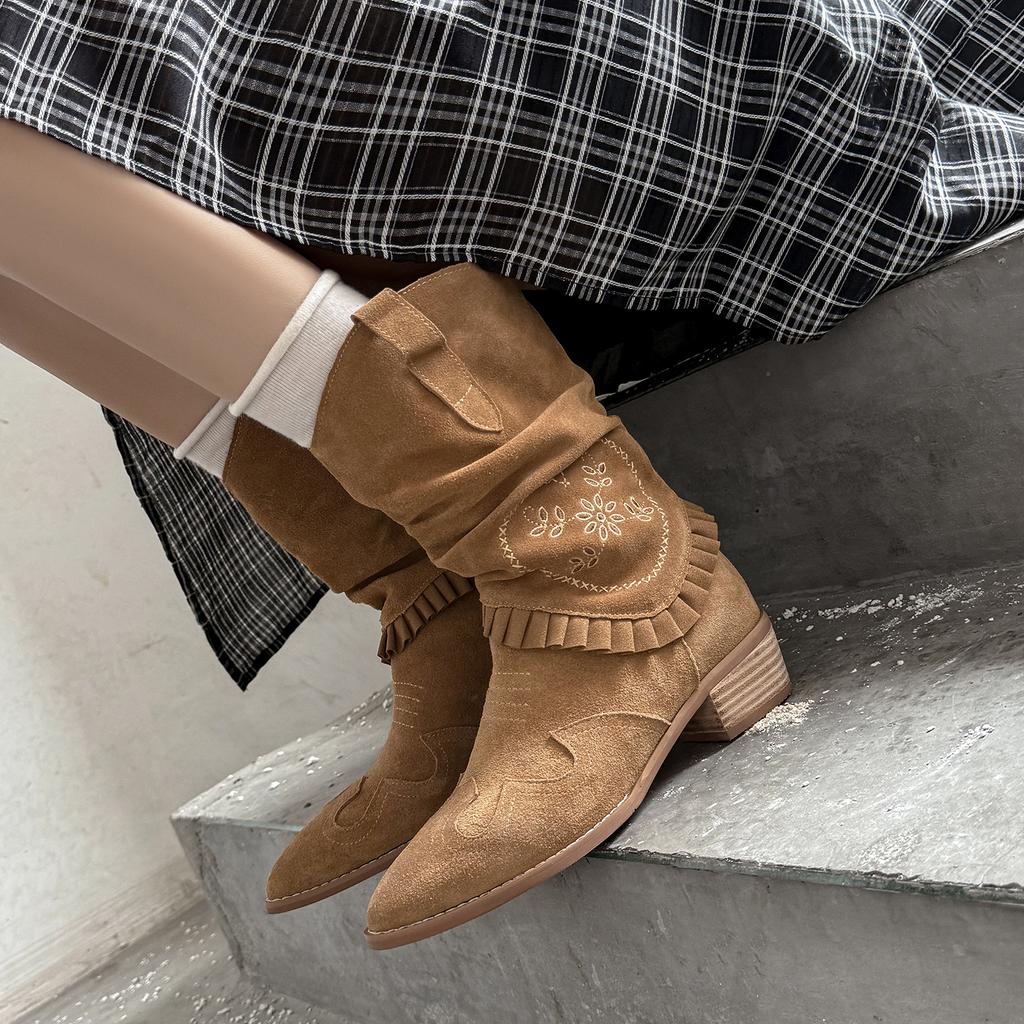 Fashion 2025 new Autumn Western Boots Cow Suede Leather Women Shoes Pointed Toe Chunky Heel Women Boots Mid-calf Chelsea Boots Retro