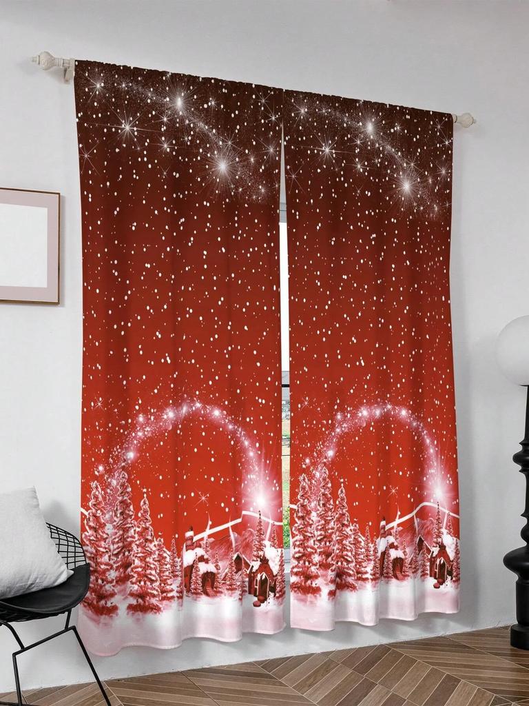 Christmas Santa Claus Curtains Set Polyester Festive Red Bedroom Doorway Drapes, Landscape and Flowers Design for New Year Decor