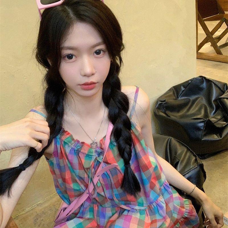 Korean Rainbow Plaid Suspender Dress - Women's Summer Sweet Loose Fit