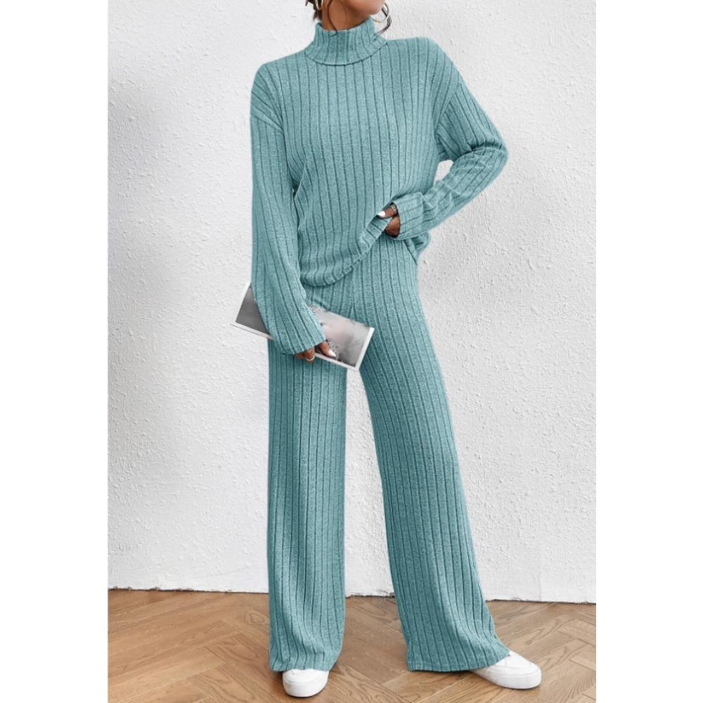 Completo casual da donna in 2 pezzi, felpa a collo alto in maglia a maniche lunghe e set di pantaloni larghi per autunno inverno