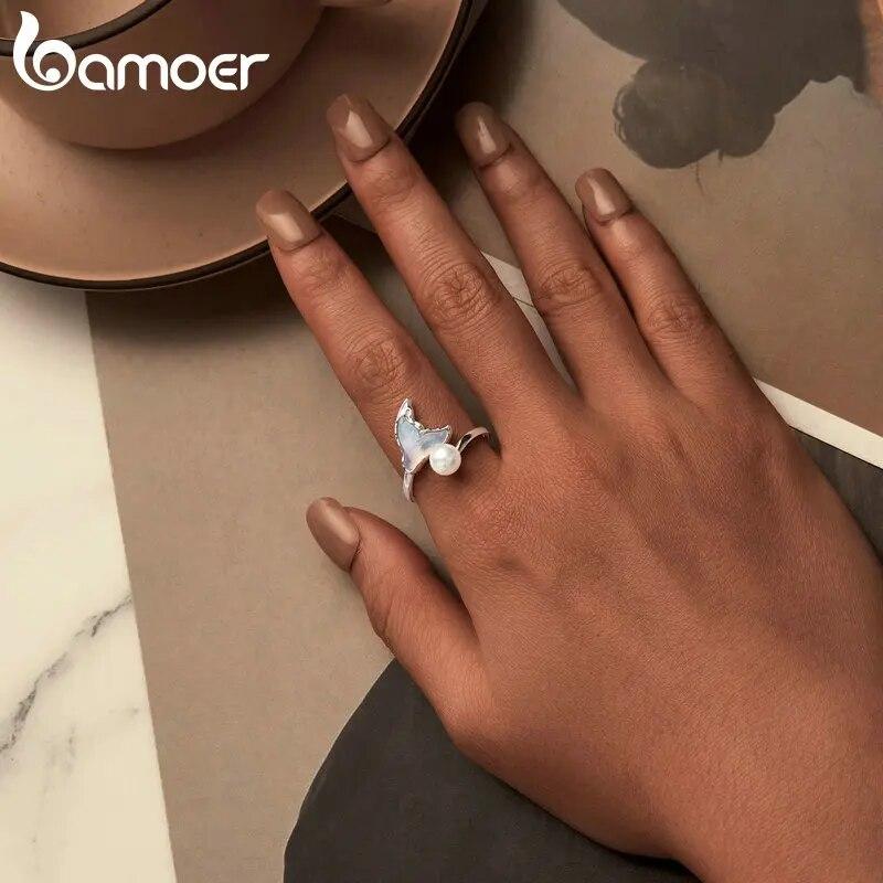 BAMOER White Gold Plated Fishtail Pearl Ring, 925 Sterling Silver Cute Adjustable Rings for Women Girls
