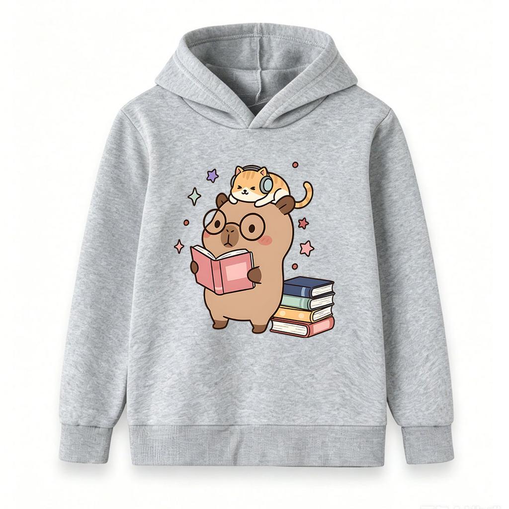 Kids Boys Girls 100% Cotton Crew Neck Short Sleeve T-Shirt, Cute Capybara Reading Book Cat With Headphones Print Casual Comfy Tee For Daily School Pla