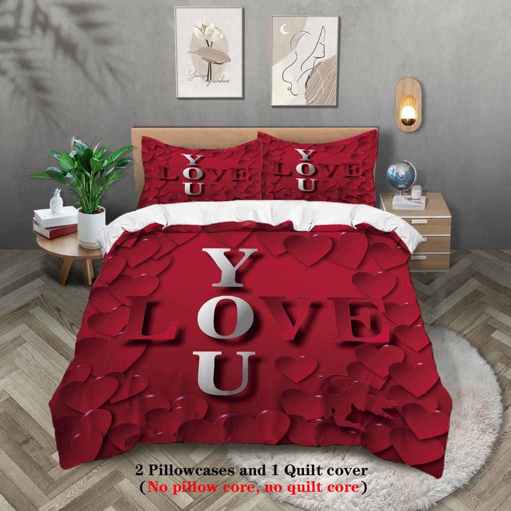 Three-piece Set (1 Quilt Cover + 2 Pillowcases, Coreless) Red Couple Romantic Love Element Printed Bedding Set