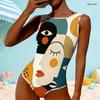 Women Plus Size High Round Neck Sleeveless Navy Blue Geometric Printed One Piece Swimsuit