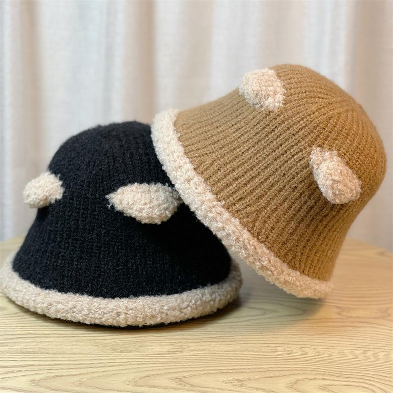 Cute Bear Ears Plush Fisherman Hat for Women New Spring and Autumn Versatile Face Showing Small Knitted Bucket Hat Winter