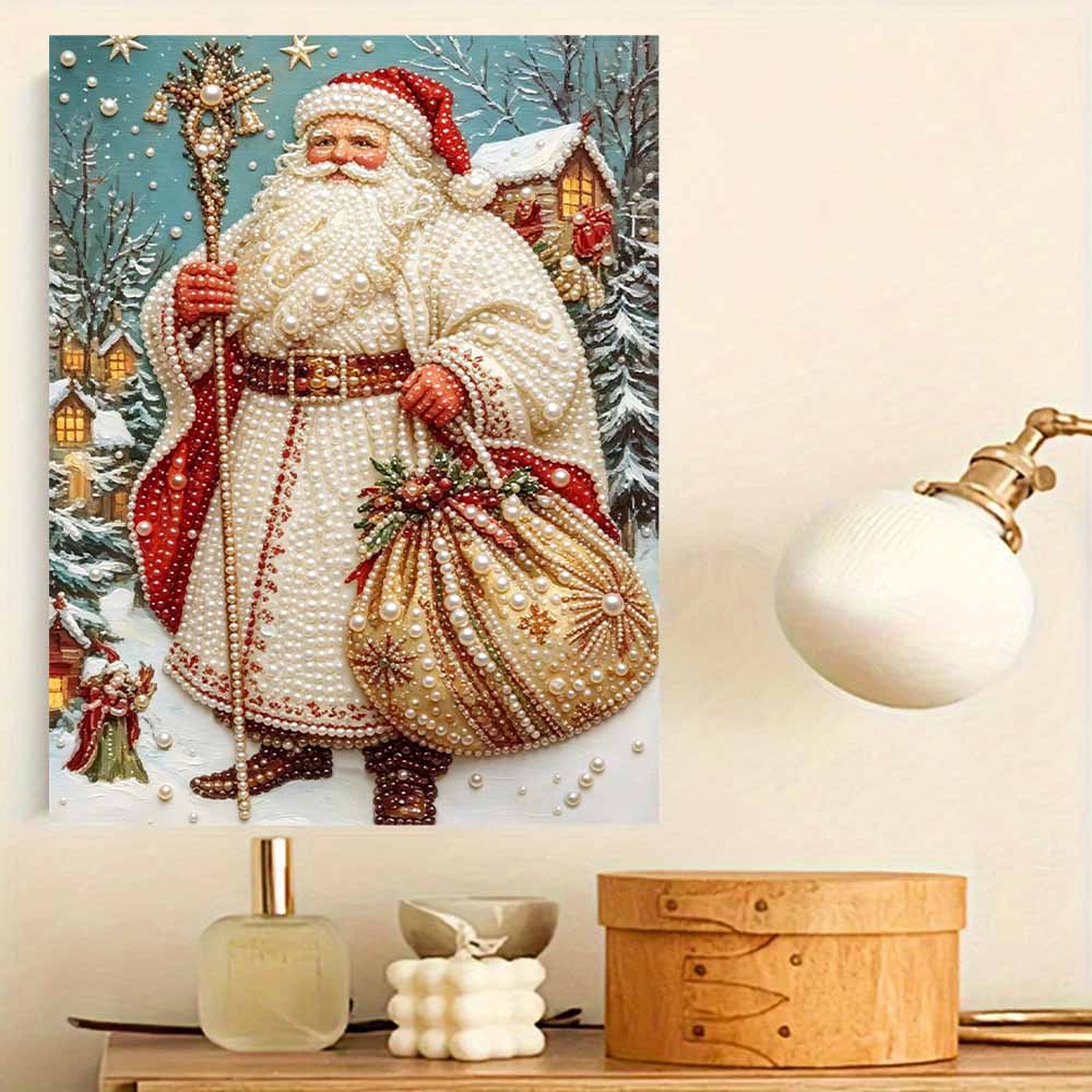 Christmas Santa Claus Pearl Painting with Frame 3D Sparkling Canvas Art Relaxing Craft for Bedroom Wall Decor and Holiday Gift
