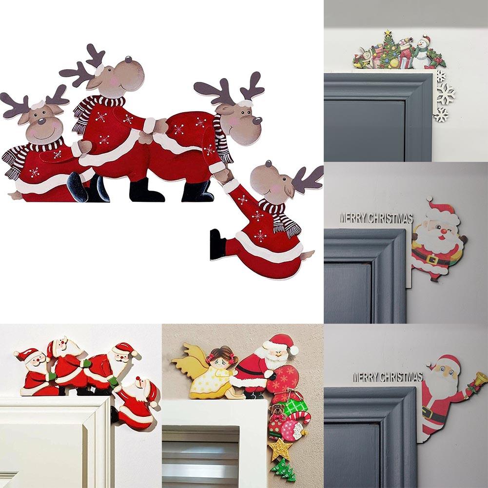 Christmas Door Frame Wooden Decoration Santa Claus Reindeer Autohesion Ornament Home Merry Party Entrance Xmas Festive Decor