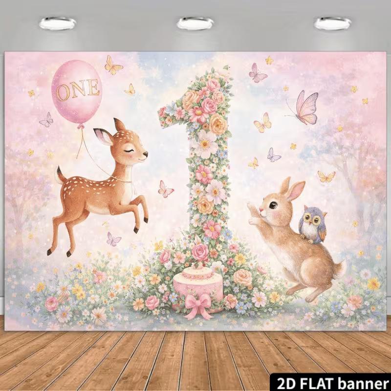 

2D Floral Number 1 Backdrop Woodland Baby Birthday Background Cloth 47.2x31.5inch/120*80cm