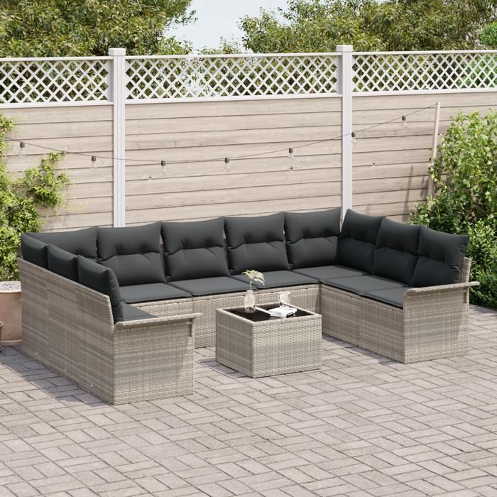 Ensemble de 10 pièces de canapé de jardin avec coussins en rotin poly gris, Canapé de jardin 2 places avec rangement 3354201