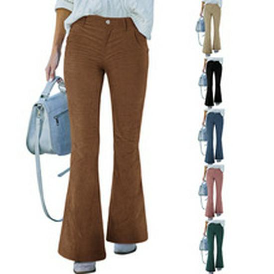 2024 Women's High Waist Corduroy Casual Pants - Solid Color, Loose Straight Leg