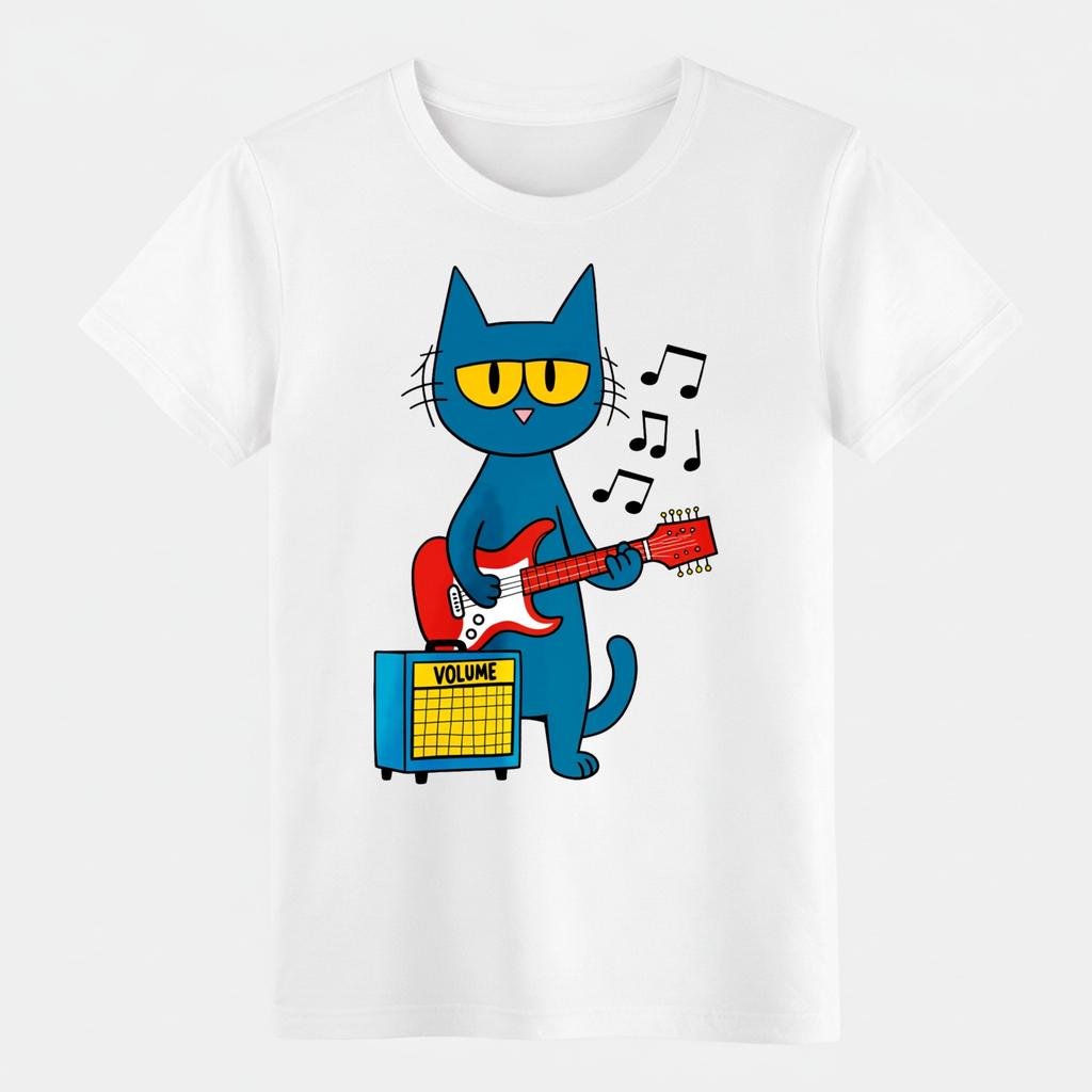 Unisex Graphic T-shirt Cool Blue Cat Playing Guitar T-Shirt, Funny Rock Music Cat Graphic Tee,Unisex,gift,Top