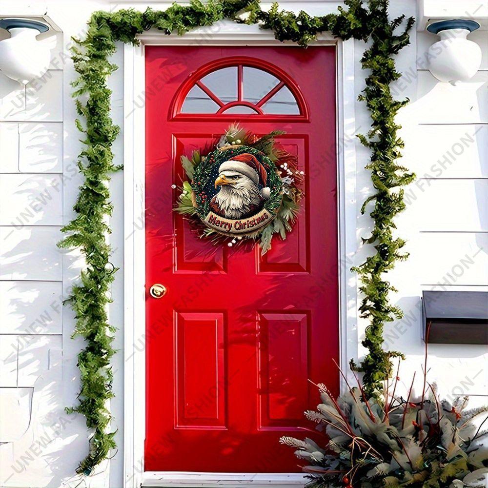 Bald Eagle Santa Hat Christmas Round Wooden Hanging Sign, 2D Flat Printed Holly Wreath Front Door Decor, Merry Christmas Patriotic Wall Ornament Gift