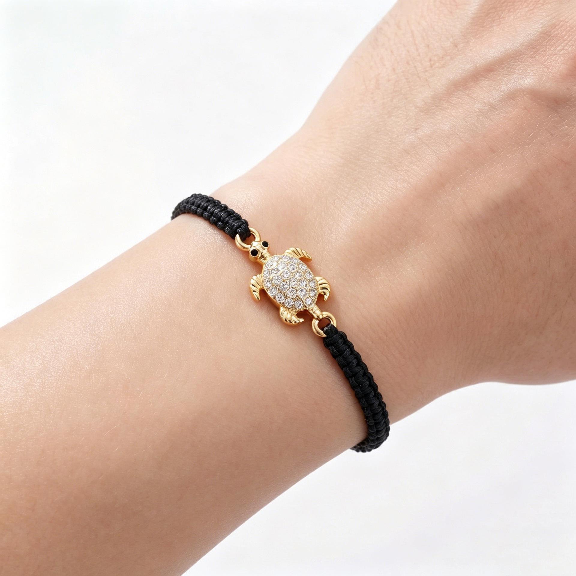 European Rhinestone Turtle Charm Handwoven Bracelet - Adjustable Fashion Accessory