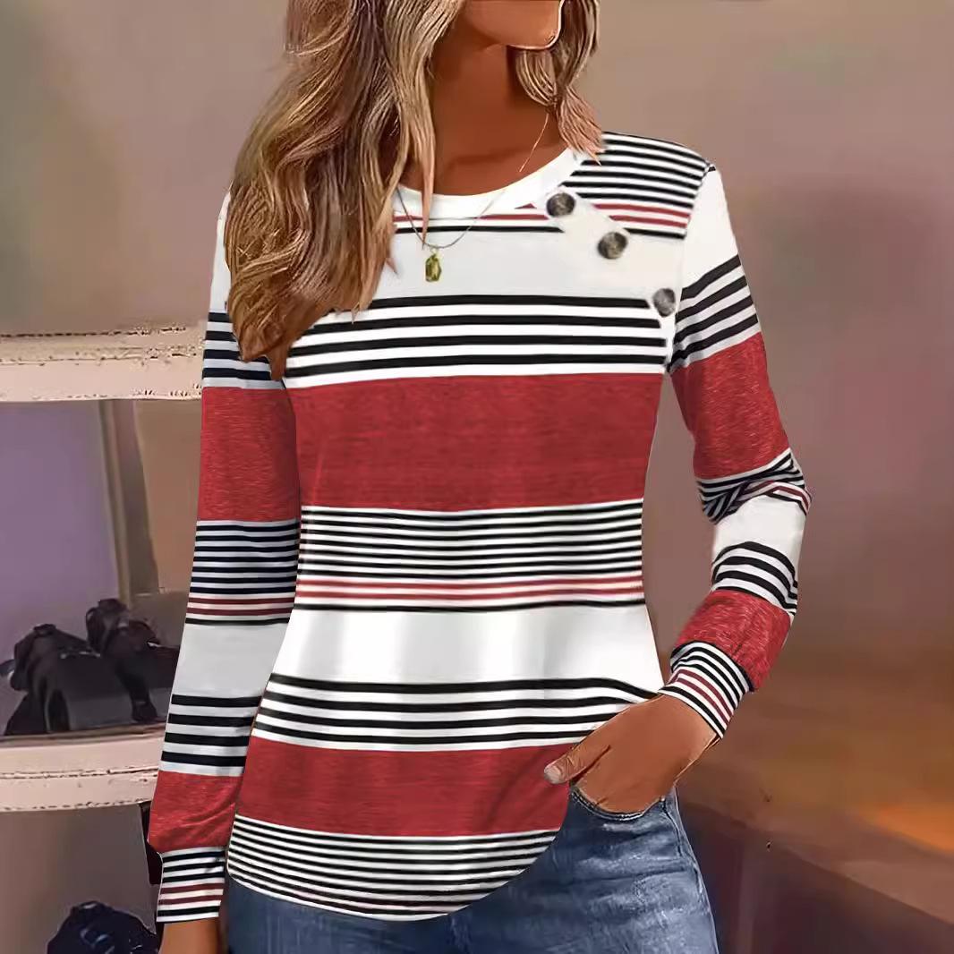 Women s Long-sleeved Round Neck Casual Button Summer Striped T-shirt S