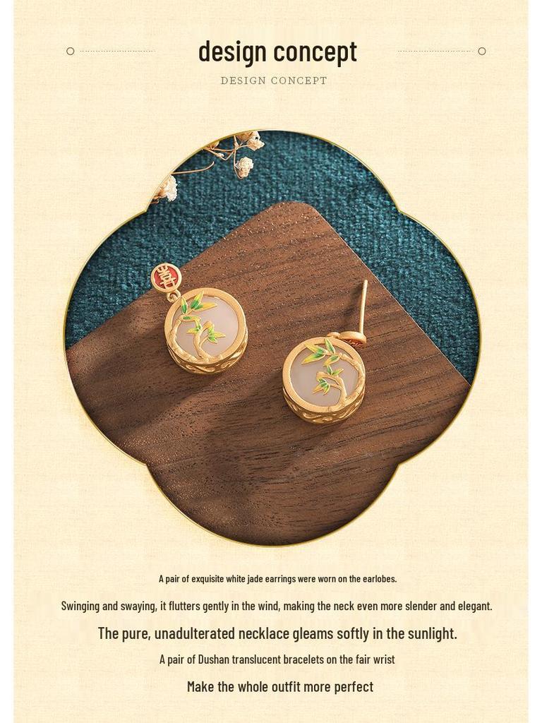 Chinese Style Hanfu-Style Enamel & Jade Imitation Stud Earrings with 925 Silver Needle