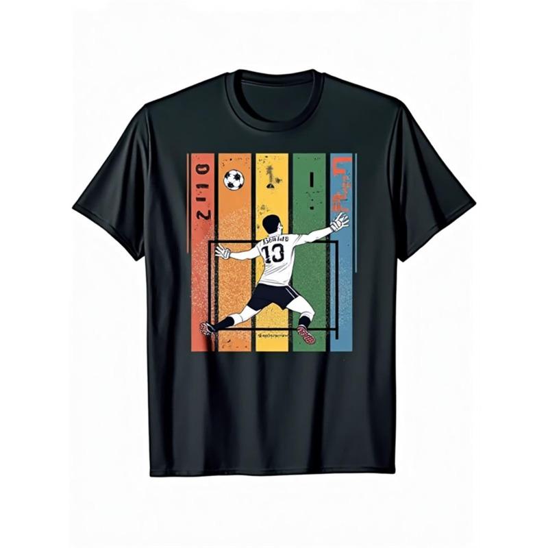 

European Size Men s Retro Soccer Goalie Vintage Sports T-Shirt - Black Short Sleeve with 1970s/80s Design, Numbered Goalpost Graphics 4XL