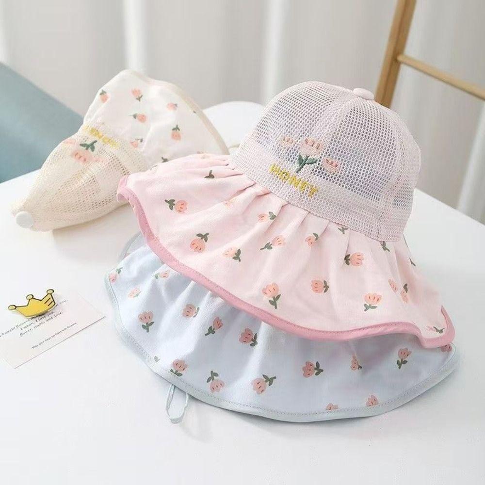 Large Brim Children Sun Cap Floral Pattern Fisherman Hat Sweet Kids Sunshade Hat  Beach/Travel