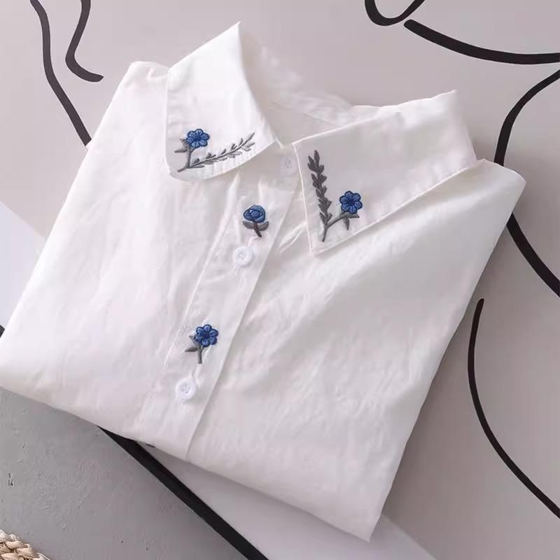 Spring Autumn Pure Cotton White Shirts Women Turn Down Collar Embroidered Long Sleeve Casual Tops Little Blue Flower