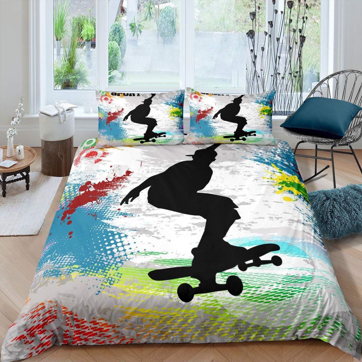 

Skateboard Duvet Cover Set Sports Hipster Bedding Set for Kids Boys Teens 3D Skate Board Comforter Cover Street Culture EU Single(135x200cm)