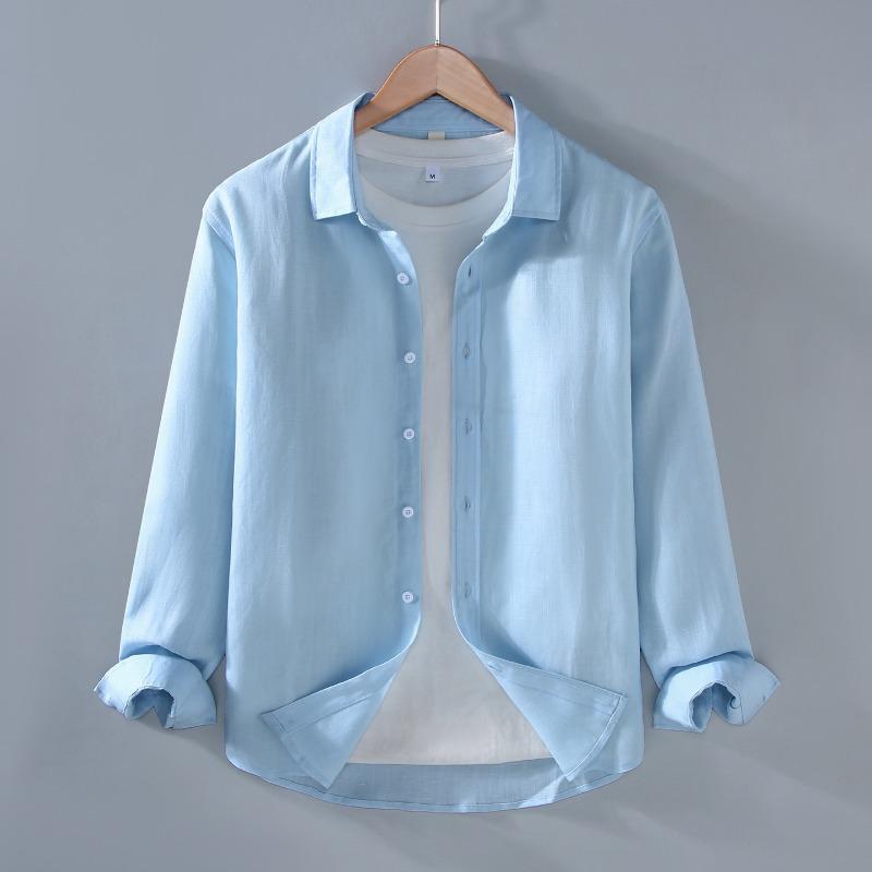 Men's Solid Color Long Sleeve Button Up Shirt Casual Loose Fit Breathable Linen Blend Daily Top