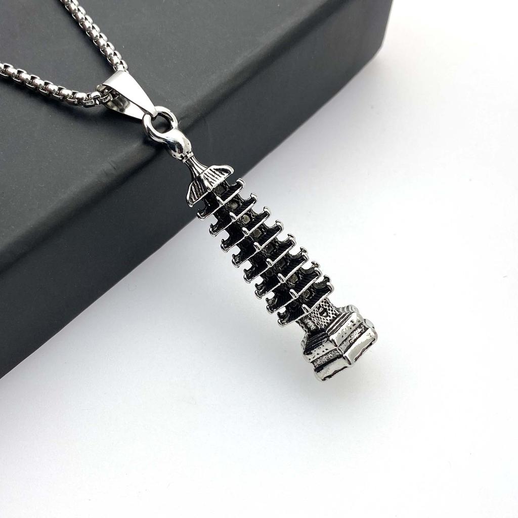 Chinese Style Guochao Retro Wenchang Tower Nine-Story Tower Pagoda Pendant Trendy Men Hip-Hop Titanium Steel Necklace
