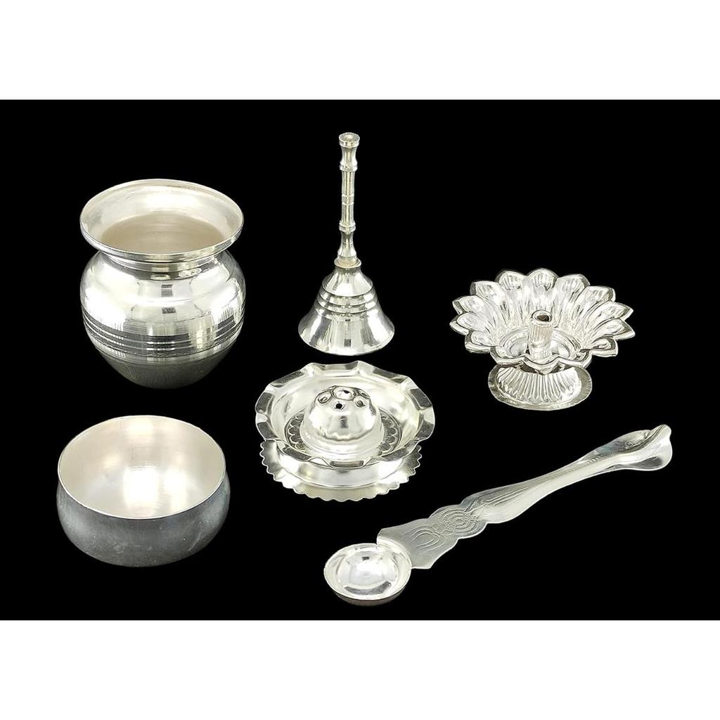 Silver Plated Pooja Thali Set 17.78 CM Festival Ethnic Puja Thali Items for Diwali Daily Home Mandir Office Wedding Return Gift