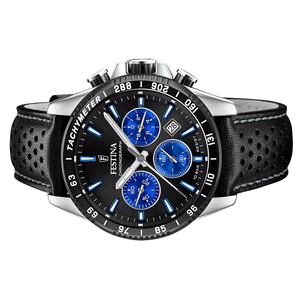 FESTINA Timeless Chronograph Leather Strap Black Dial Quartz F20561-6 100M Men's Watch