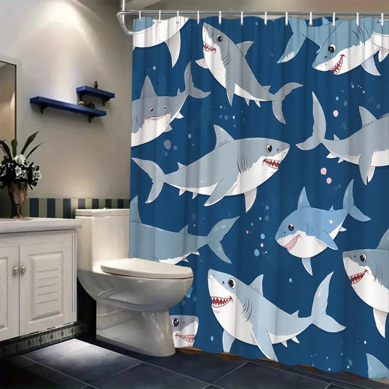 Shark Shower Curtain Waterproof Cartoon Bathroom Curtain Decoration Blue Ocean Style Polyester for Kids Kids Bathroom Accessorie
