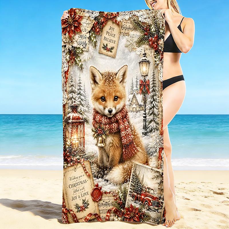 1Pc Winter Fox Christmas Scene Beach Towel Quick Dry Multiuse For Beach Pool Gym Yoga Home Travel Christmas Halloween Xmas Gift S1149