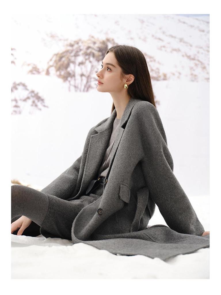 Fan Si Lan En Diamond Draped White Double-Sided Wool Coat for Women - Autumn/Winter Woolen Jacket